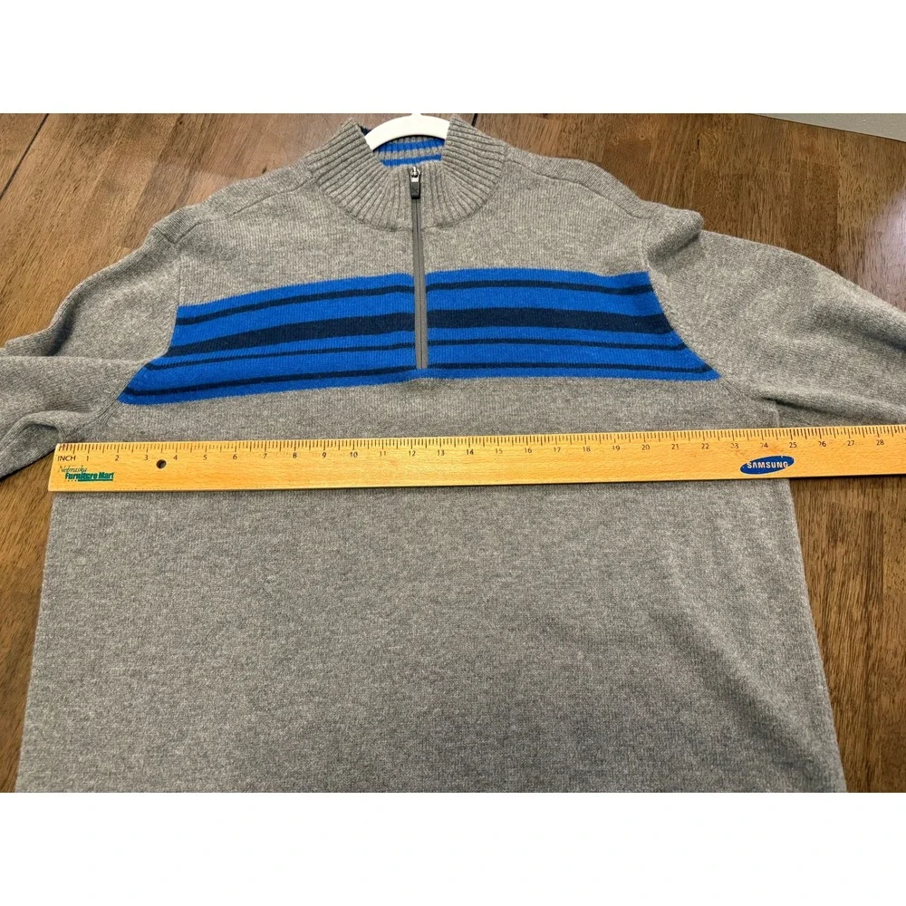 Eddie Bauer Mens Quarter Zip Sweater Heather Grey Blue Striped Mock Neck XL